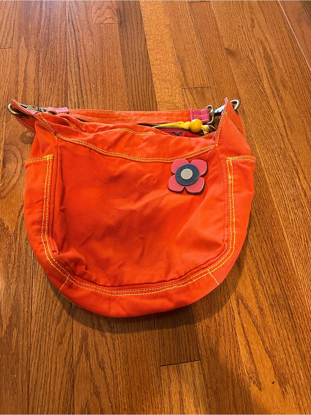 Marc Jacobs Bright Orange Shoulder Bag with Pink Flower Accent